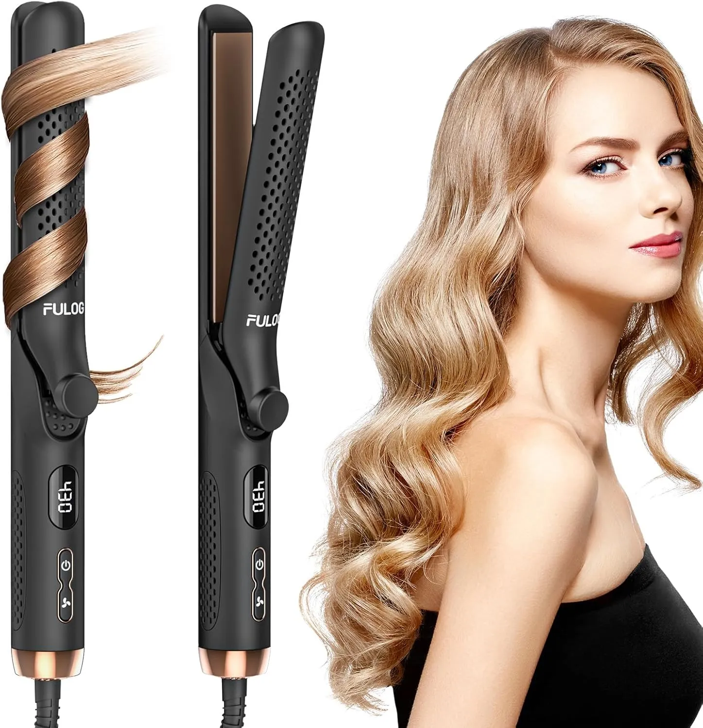 360° Airflow Styler Curling Iron, 1.25 Inch Hair Straightener and Curler 2 in 1, LED Display Curling Flat Iron with Cooling Air Vents to Lock in Style, Adjustable Temp Curling Wand (Black)