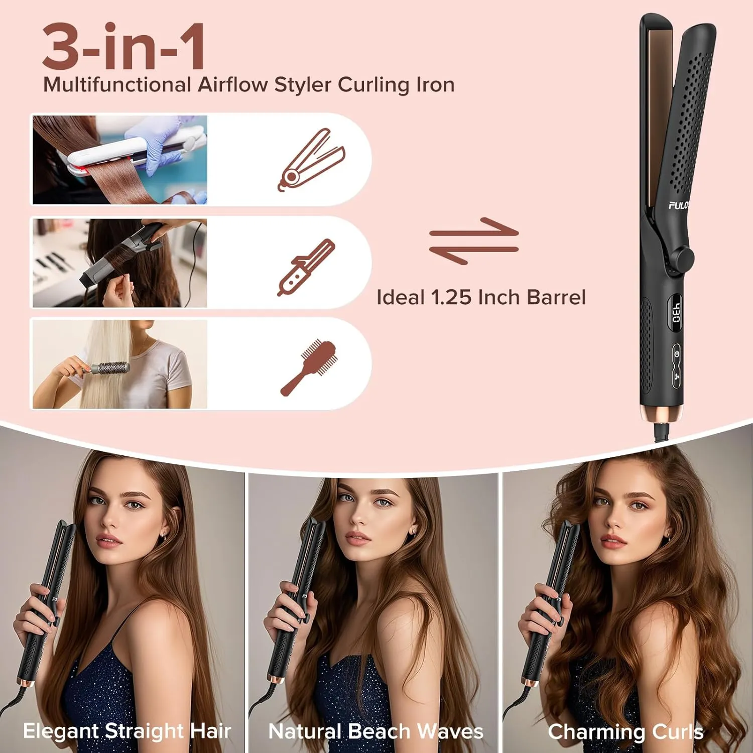 360° Airflow Styler Curling Iron, 1.25 Inch Hair Straightener and Curler 2 in 1, LED Display Curling Flat Iron with Cooling Air Vents to Lock in Style, Adjustable Temp Curling Wand (Black)