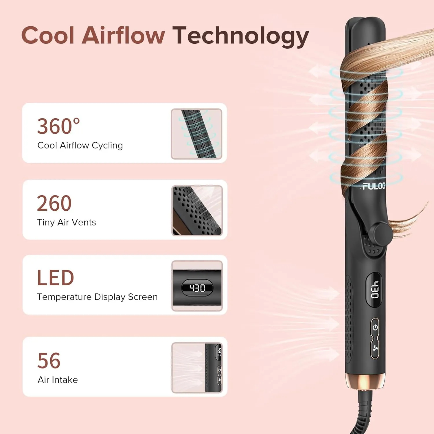 360° Airflow Styler Curling Iron, 1.25 Inch Hair Straightener and Curler 2 in 1, LED Display Curling Flat Iron with Cooling Air Vents to Lock in Style, Adjustable Temp Curling Wand (Black)