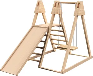 4-in-1 Juniper Indoor Play Gym Jungle Gym Playset with Baby Swing, Slide, Ladder, and Climbing Wall Foldable Wooden Playset for Kids
