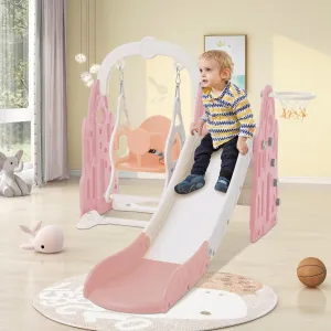 4 in 1 Toddler Slide Swing Set Freestanding Slide Climber Playset with Basketball Hoop Indoor Outdoor Playground Equipment for Kids Gifts Pink White