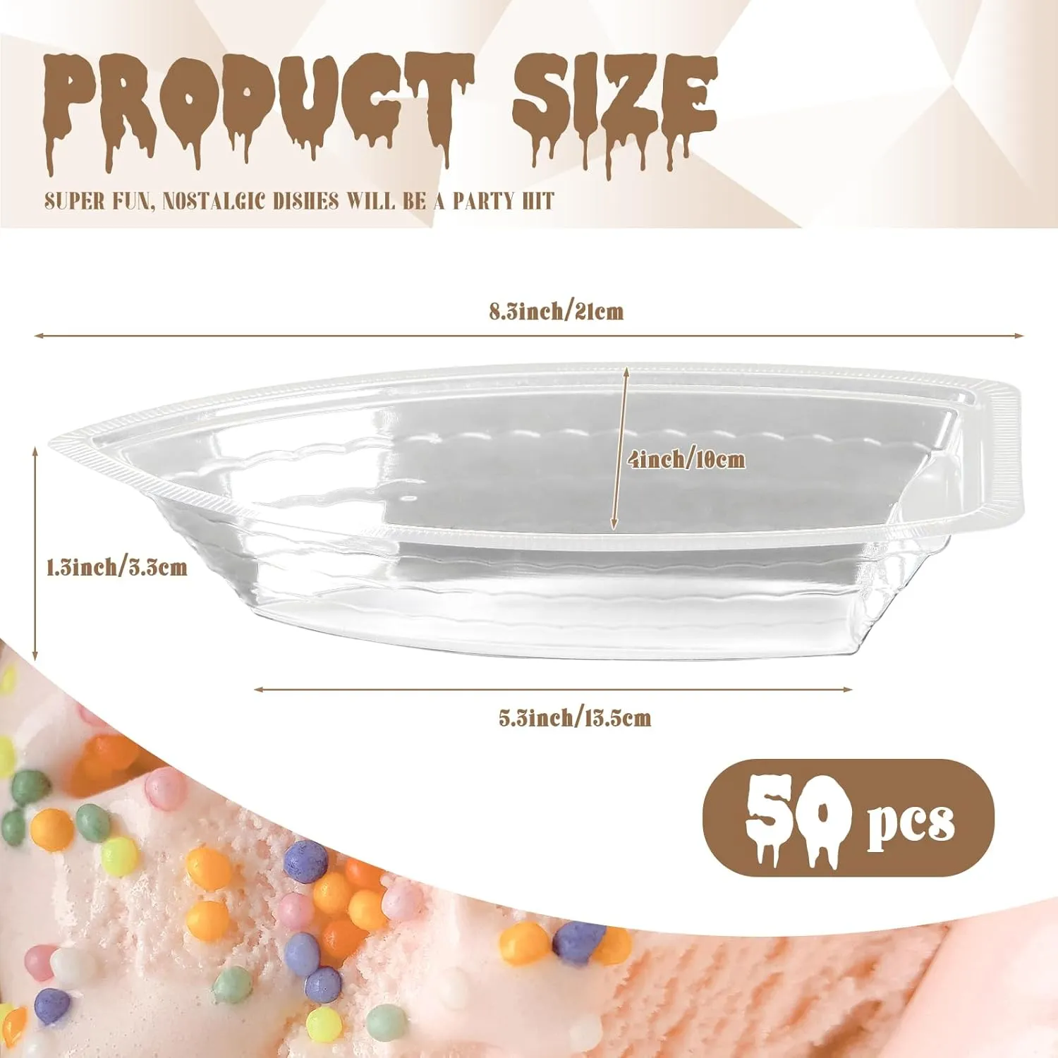 50 Pack Disposable Banana Split Boats, Ice Cream Sundae Bowls, and Clear Plastic Disposable Dessert Bowls for Parties, Concession Stands, Restaurants, Food Trucks, and Bakeries.