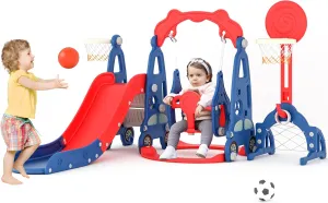 6 in 1 Toddler Slide and Swing Set, Indoor and Outdoor Slide for Toddlers with Swing, Climber, Basketball Hoop and Ring Toss Game, Kids Slide Playground for Baby Age 1-8