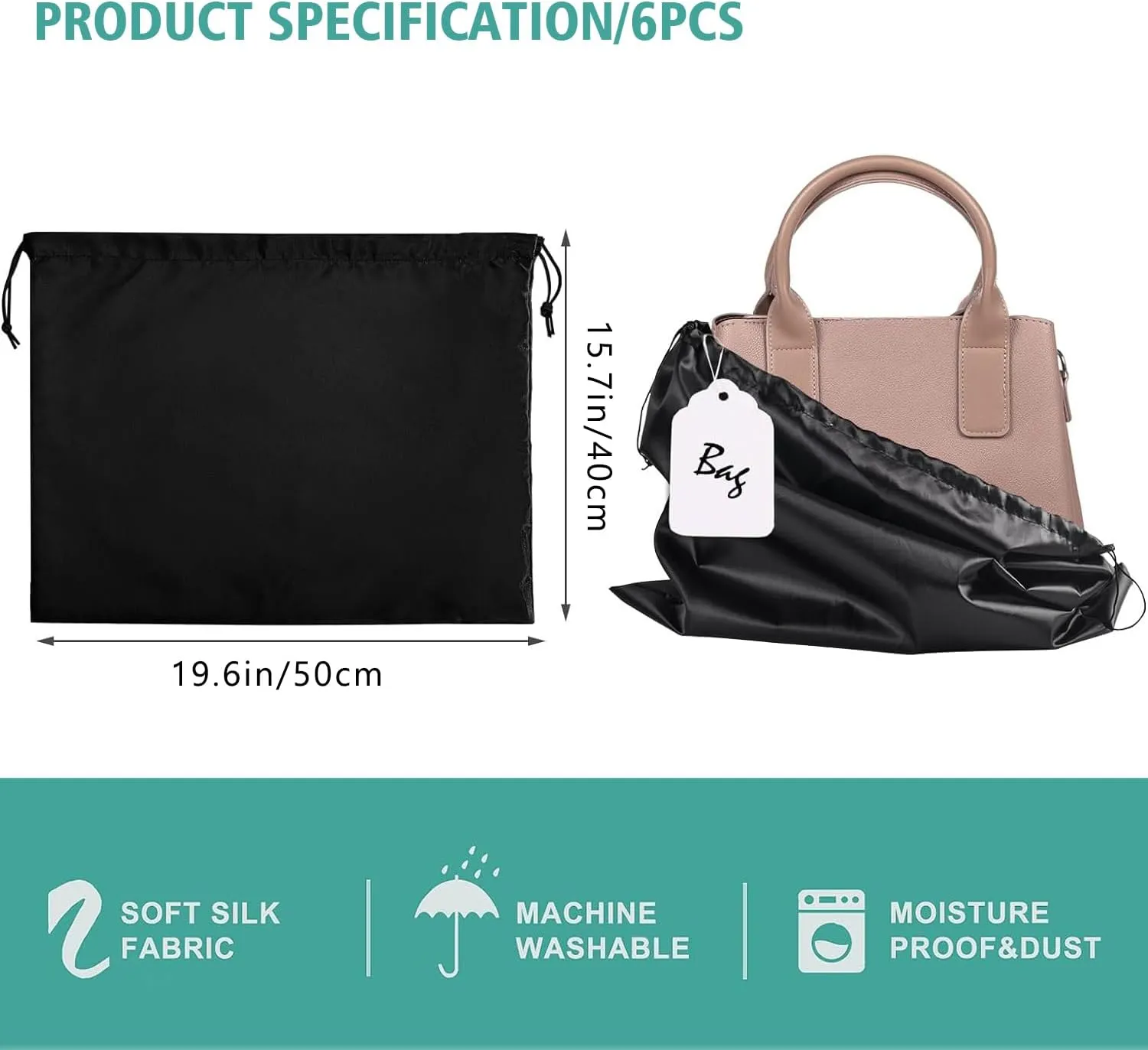 6 Pack Purse Dust Bags Large Silk Drawstring Dust Bag Cover for Handbag Shoe Storage(Black, M-19.6 × 15.7 in)