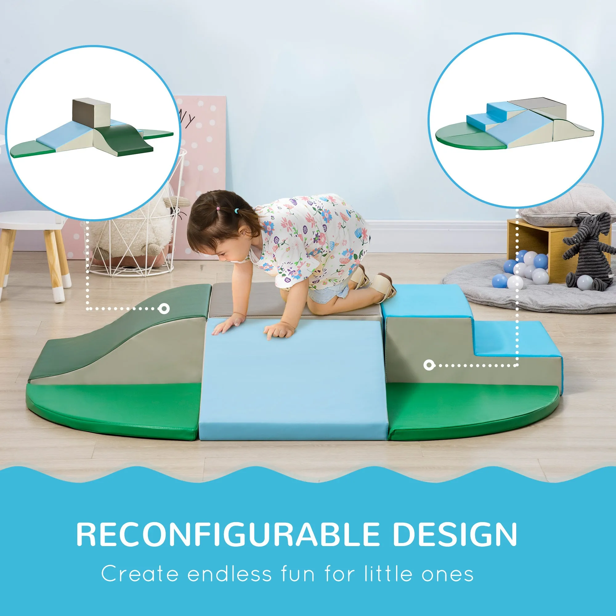 6-Piece Soft Play for 12-36 Months Toddlers to Climb, Crawl, Slide, Blue, Green