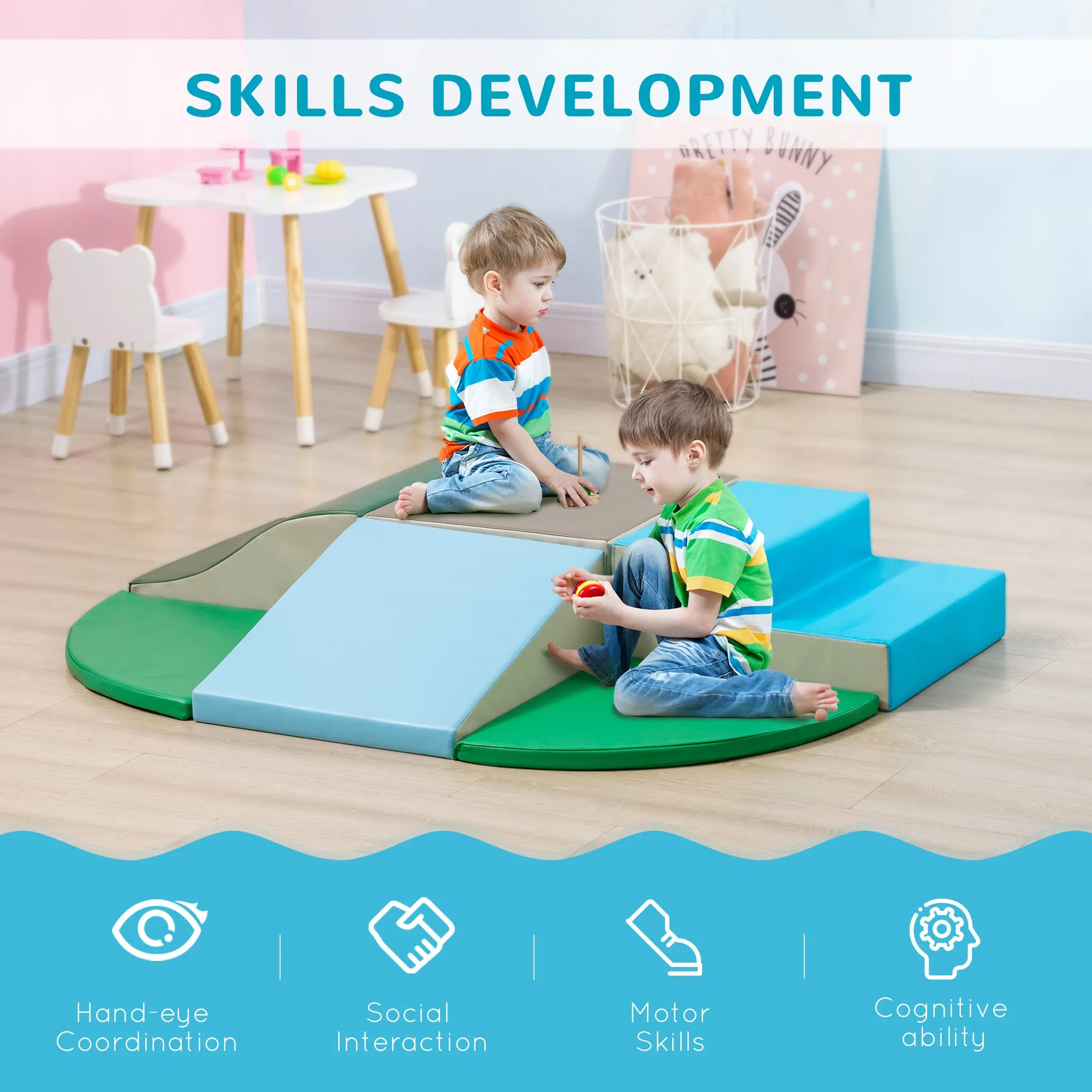 6-Piece Soft Play for 12-36 Months Toddlers to Climb, Crawl, Slide, Blue, Green