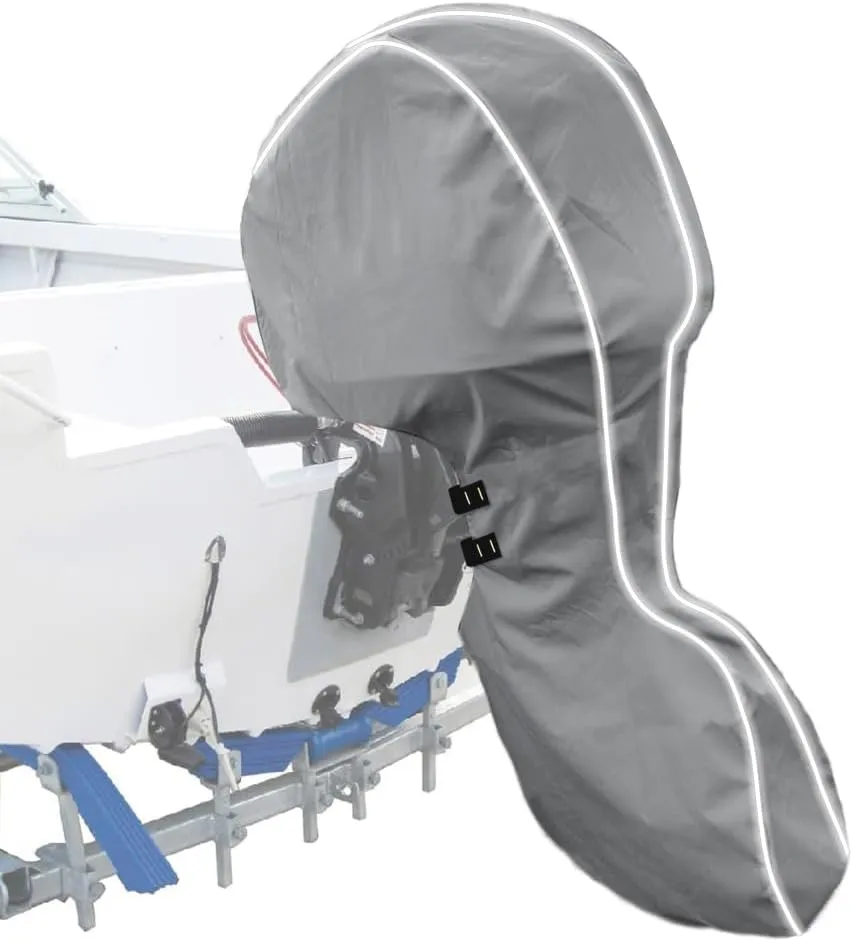 600D Fade and Crack Resistant Trailerable Full Outboard Motor Cover,Waterproof and UV-Proof Boat Motor Cover,Boat Engine Cover with Reflective Strips and Adjustable Strap Gray(Fits 40-50 HP)