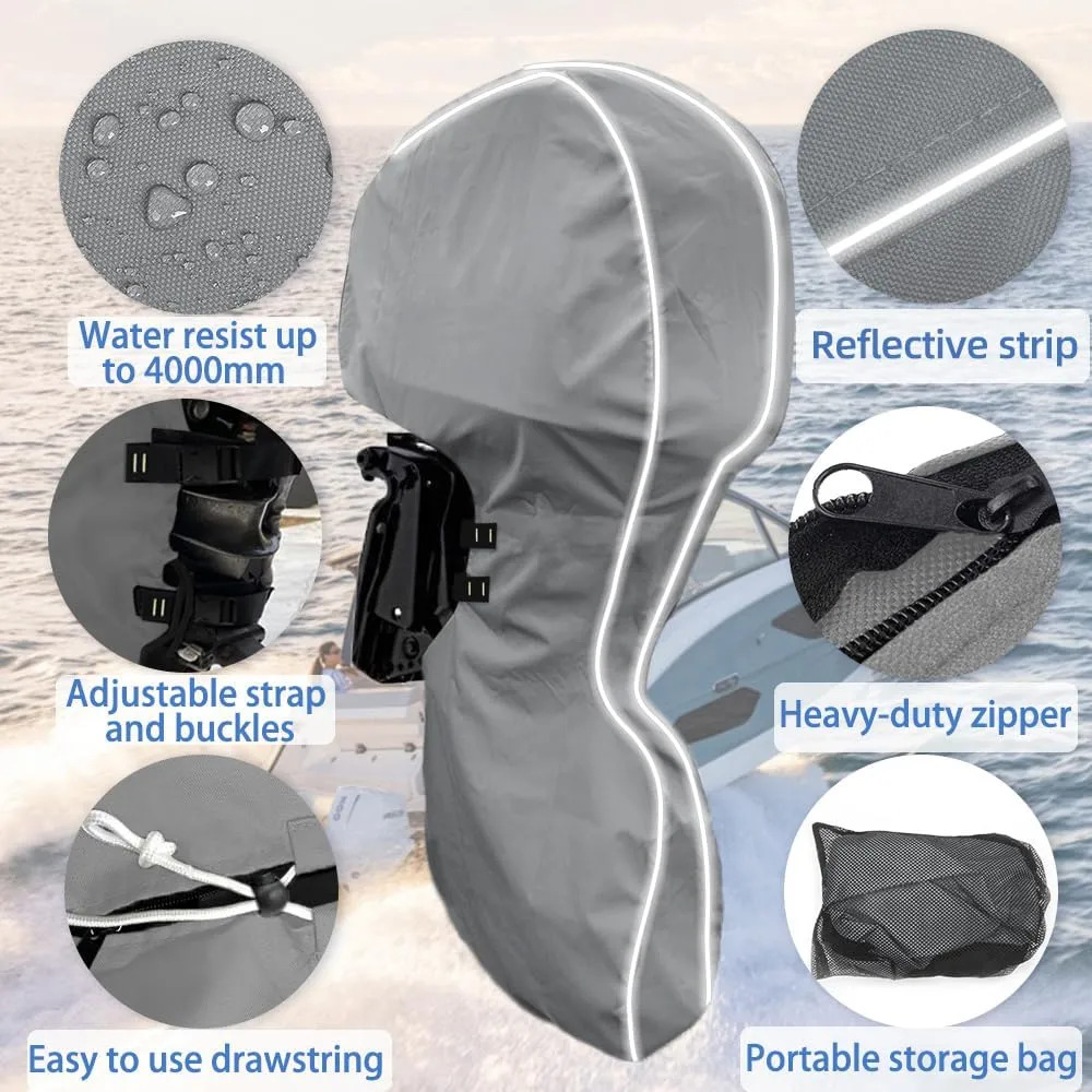 600D Fade and Crack Resistant Trailerable Full Outboard Motor Cover,Waterproof and UV-Proof Boat Motor Cover,Boat Engine Cover with Reflective Strips and Adjustable Strap Gray(Fits 40-50 HP)