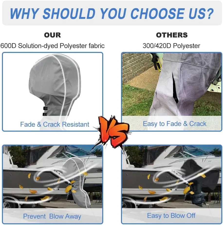 600D Fade and Crack Resistant Trailerable Full Outboard Motor Cover,Waterproof and UV-Proof Boat Motor Cover,Boat Engine Cover with Reflective Strips and Adjustable Strap Gray(Fits 40-50 HP)