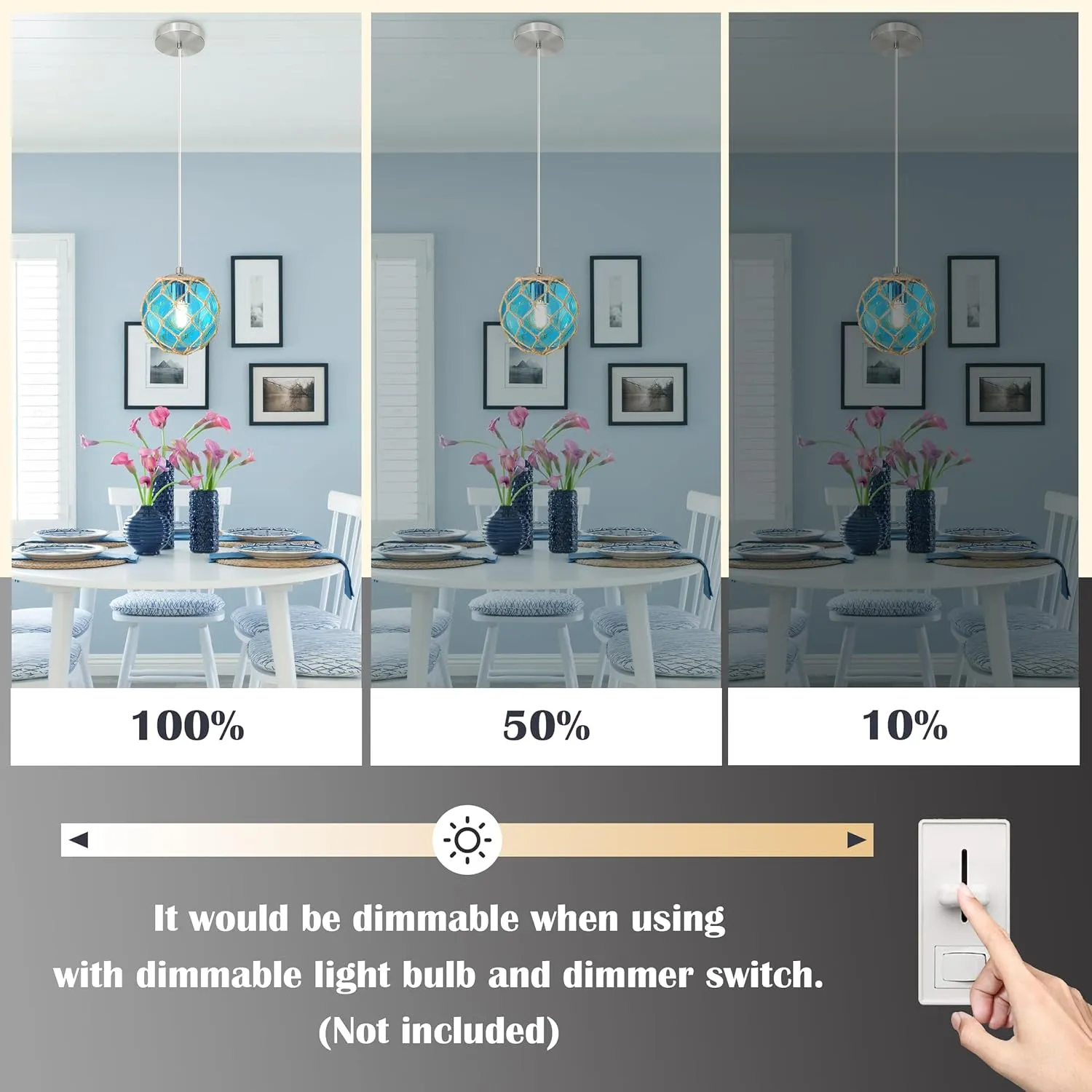 6" Blue Coastal Pendant Light Kitchen Island,Glass Globe Ocean Ceiling Light Fixture Beach House,Dimmable Hemp Rope Light Fixture Hanging For Bathroom Living Room Farmhouse Entry Bedroom(Bulb Incl.
