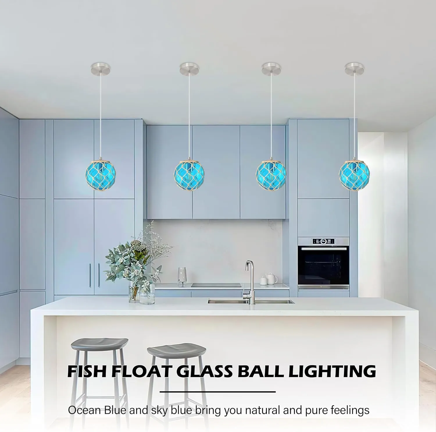 6" Blue Coastal Pendant Light Kitchen Island,Glass Globe Ocean Ceiling Light Fixture Beach House,Dimmable Hemp Rope Light Fixture Hanging For Bathroom Living Room Farmhouse Entry Bedroom(Bulb Incl.