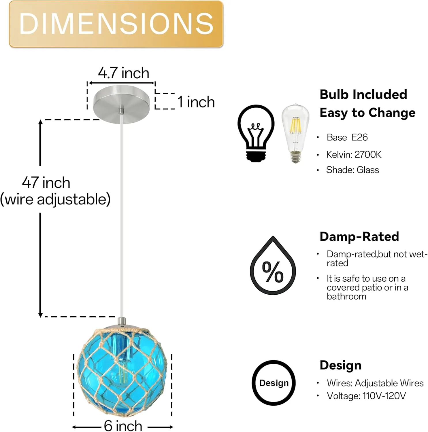 6" Blue Coastal Pendant Light Kitchen Island,Glass Globe Ocean Ceiling Light Fixture Beach House,Dimmable Hemp Rope Light Fixture Hanging For Bathroom Living Room Farmhouse Entry Bedroom(Bulb Incl.