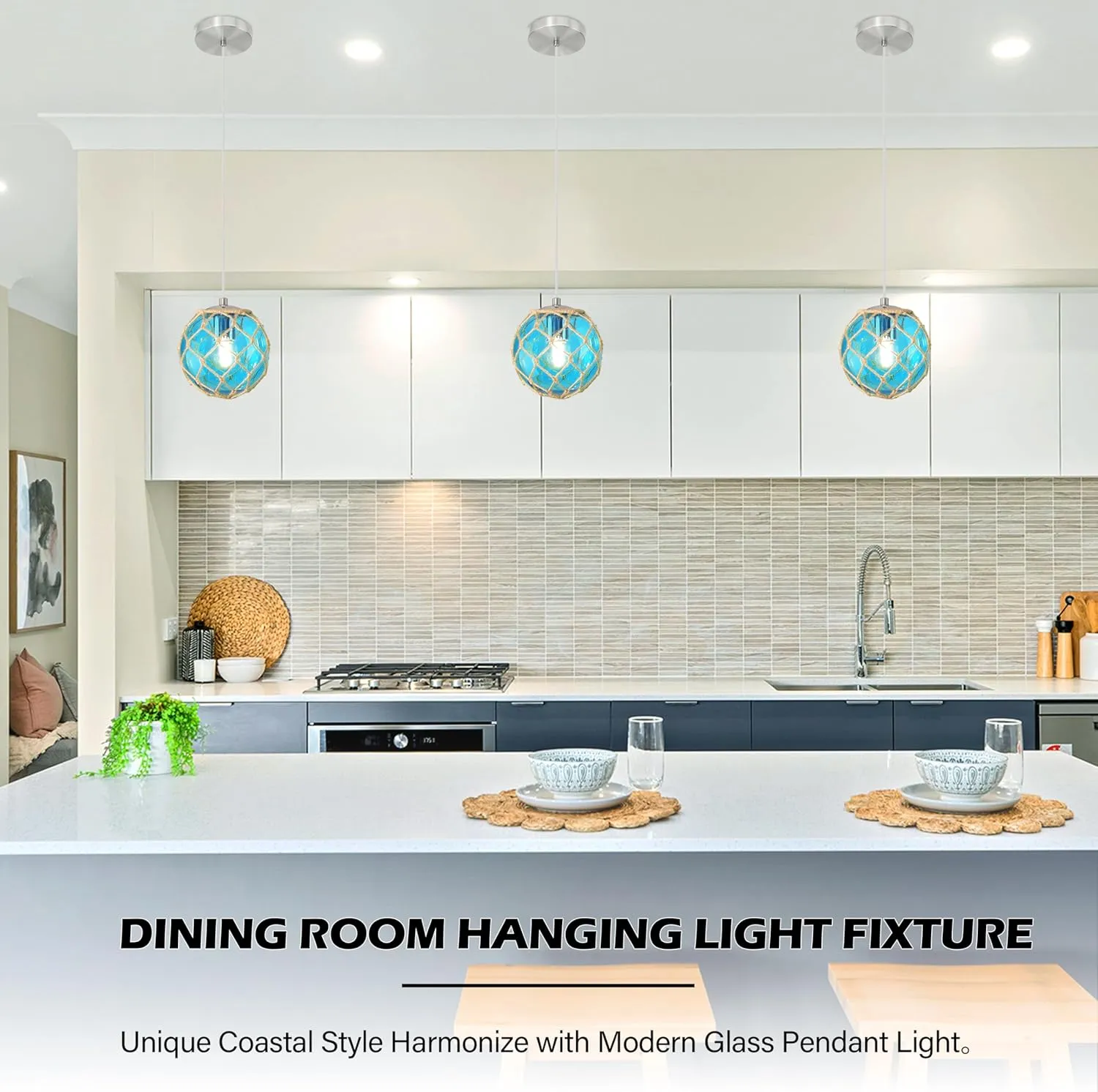 6" Blue Coastal Pendant Light Kitchen Island,Glass Globe Ocean Ceiling Light Fixture Beach House,Dimmable Hemp Rope Light Fixture Hanging For Bathroom Living Room Farmhouse Entry Bedroom(Bulb Incl.