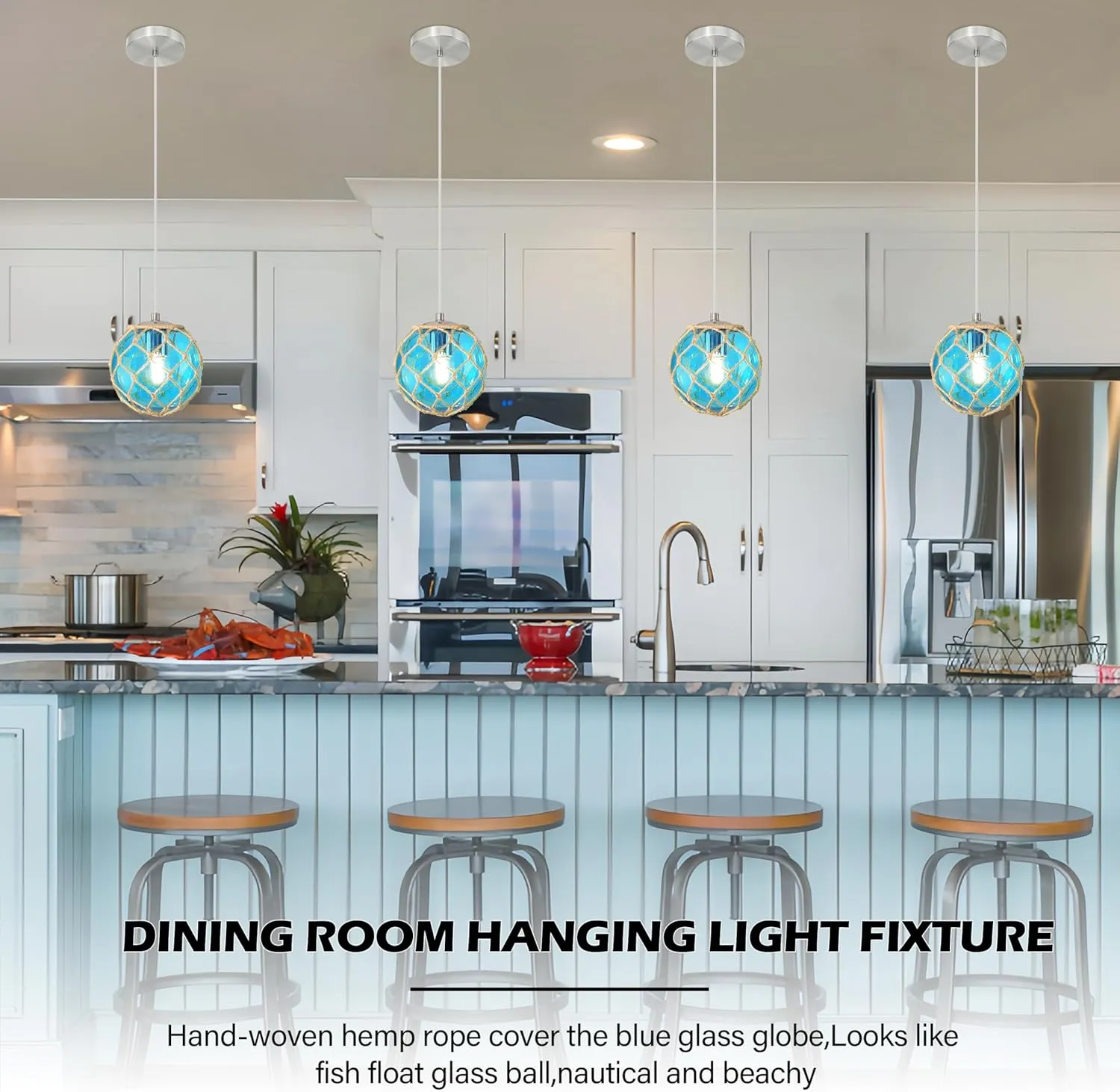 6" Blue Coastal Pendant Light Kitchen Island,Glass Globe Ocean Ceiling Light Fixture Beach House,Dimmable Hemp Rope Light Fixture Hanging For Bathroom Living Room Farmhouse Entry Bedroom(Bulb Incl.