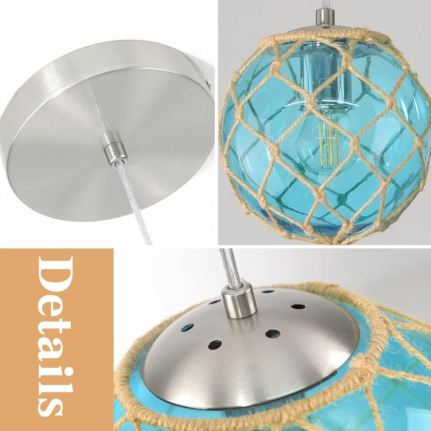 6" Blue Coastal Pendant Light Kitchen Island,Glass Globe Ocean Ceiling Light Fixture Beach House,Dimmable Hemp Rope Light Fixture Hanging For Bathroom Living Room Farmhouse Entry Bedroom(Bulb Incl.