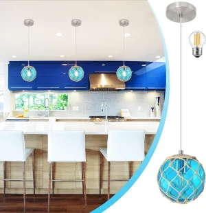 6" Blue Coastal Pendant Light Kitchen Island,Glass Globe Ocean Ceiling Light Fixture Beach House,Dimmable Hemp Rope Light Fixture Hanging For Bathroom Living Room Farmhouse Entry Bedroom(Bulb Incl.