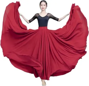 720 Degree Chiffon Skirt Ballet Belly Dance Women Double-Layer Long Skirts Dancer Practice Wear Performance(Color-A,S Length 85cm)
