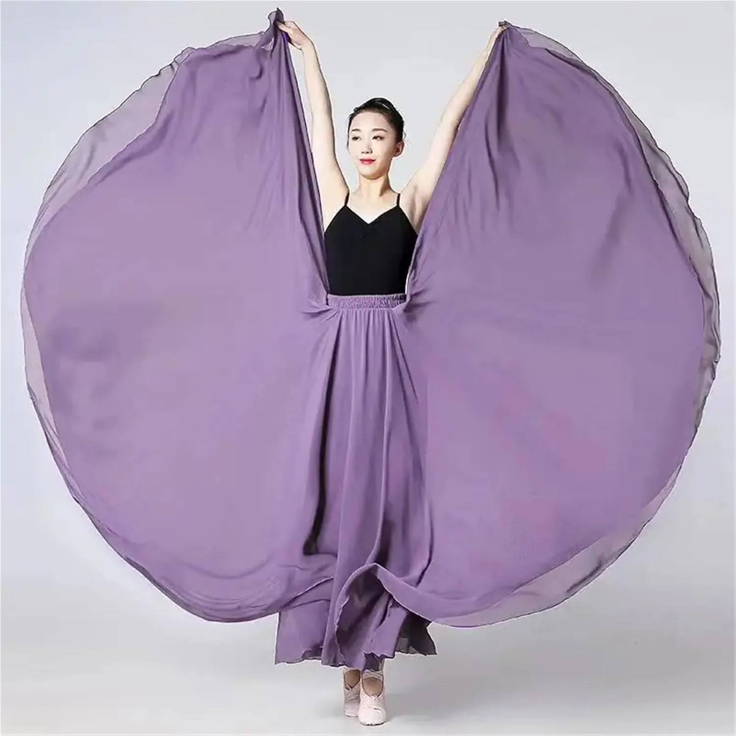 720 Degree Chiffon Skirt Ballet Belly Dance Women Double-Layer Long Skirts Dancer Practice Wear Performance(Color-D,S Length 85cm)