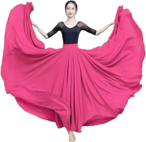 720 Degree Chiffon Skirt Ballet Belly Dance Women Double-Layer Long Skirts Dancer Practice Wear Performance(Color-D,S Length 85cm)