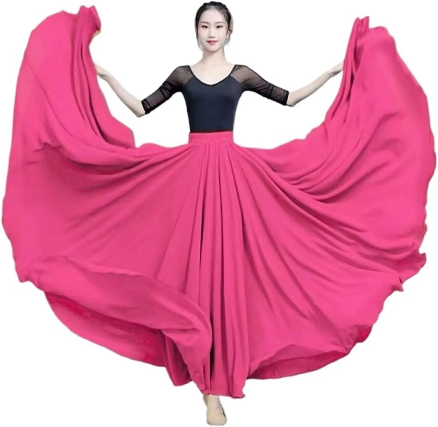 720 Degree Chiffon Skirt Ballet Belly Dance Women Double-Layer Long Skirts Dancer Practice Wear Performance(Color-D,S Length 85cm)