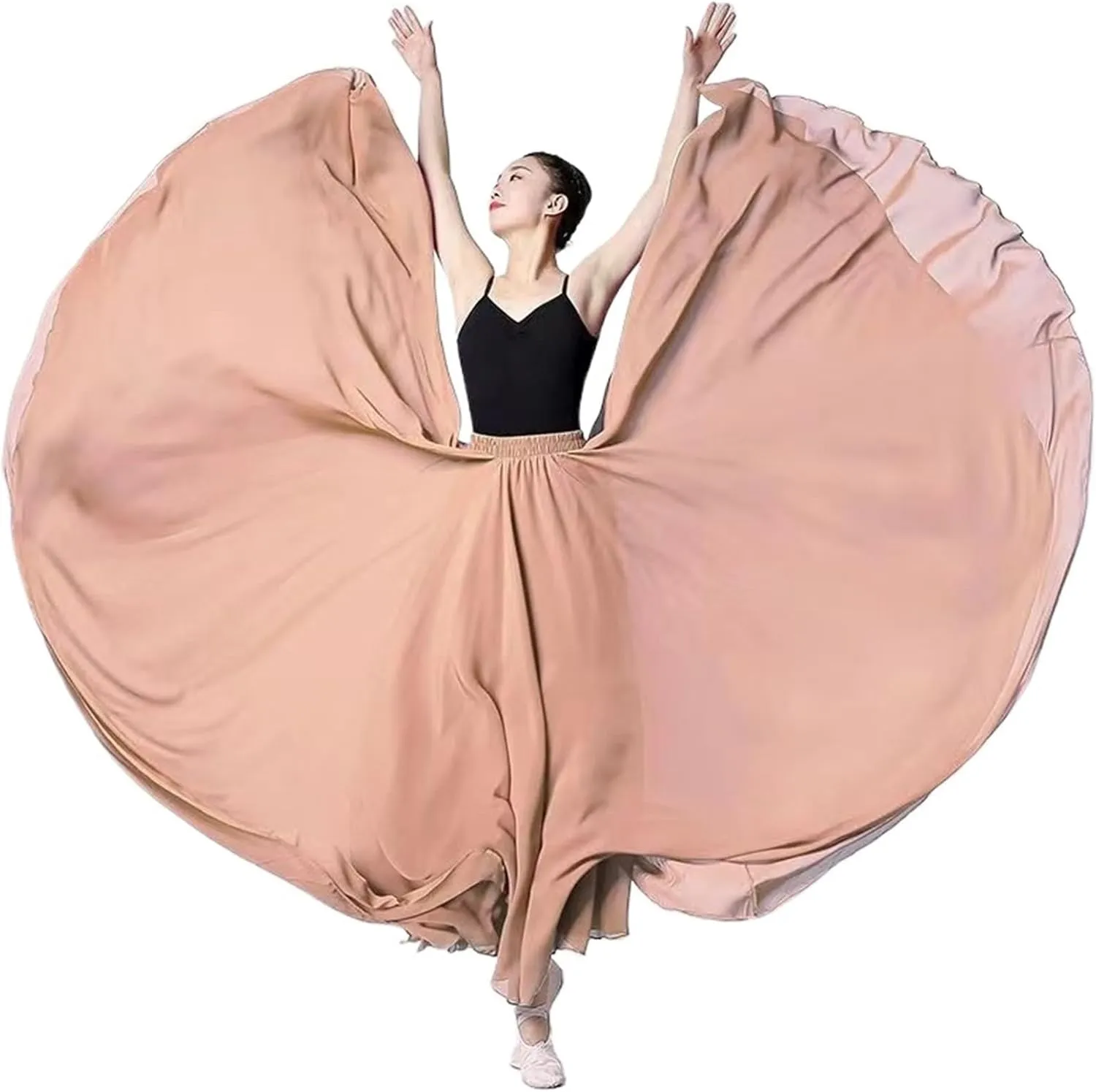 720 Degree Chiffon Skirt Ballet Belly Dance Women Double-Layer Long Skirts Dancer Practice Wear Performance(Color-D,S Length 85cm)