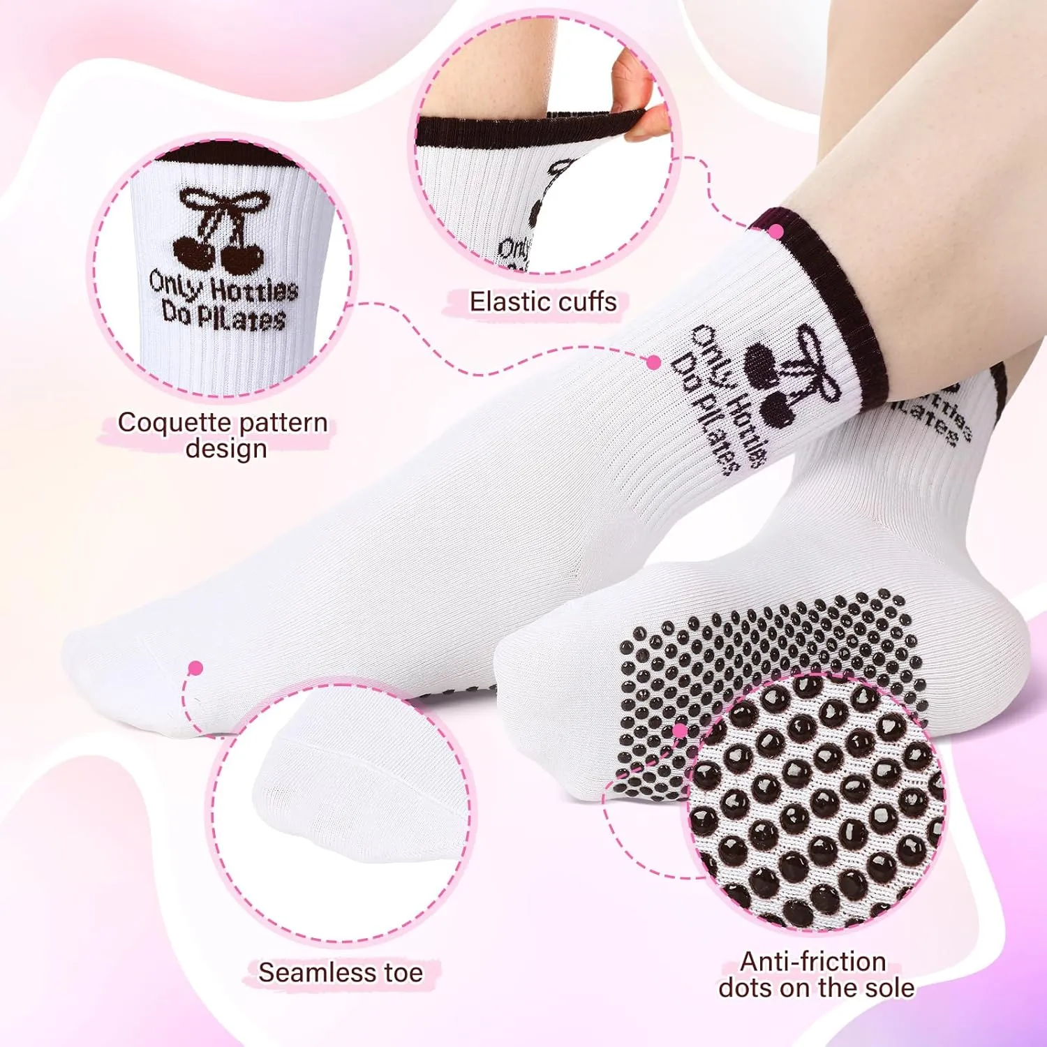 9 Pairs Coquette Bow Pilates Socks with Grips for Women Cute Yoga Barre Ballet Barefoot Workout Gym Athletic Socks