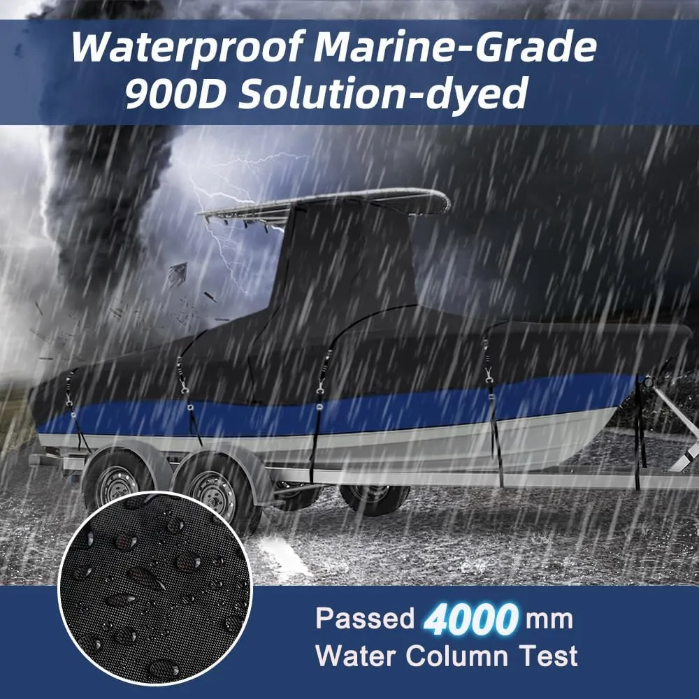 900D Marine Grade Fade and Tear Resistant Trailerable T-Top Boat Cover, Heavy-Duty Waterproof and UV-Proof TTOP Boat Storage Cover (Black, 18'-20' Long, Beam Width up to 102" W)