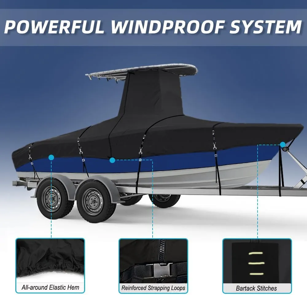 900D Marine Grade Fade and Tear Resistant Trailerable T-Top Boat Cover, Heavy-Duty Waterproof and UV-Proof TTOP Boat Storage Cover (Black, 18'-20' Long, Beam Width up to 102" W)
