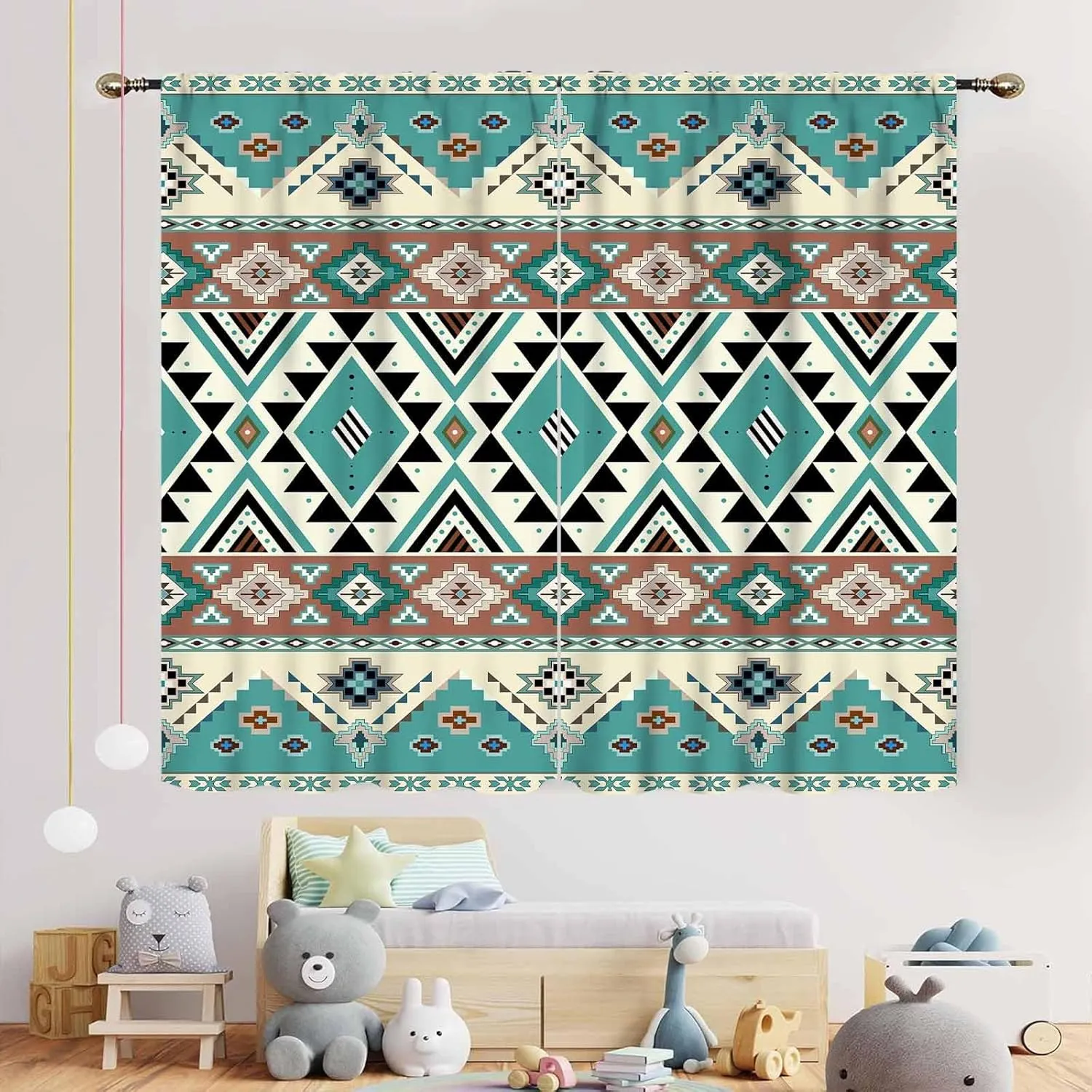 Abstract Geometric Curtains, Western Aztec Tribal Ethnic Southwestern Rustic Boho Teal Window Drapery Treatments for Bedroom Living Room Kitchen Bathroom 2 Panels Set, 42"x45" Inch