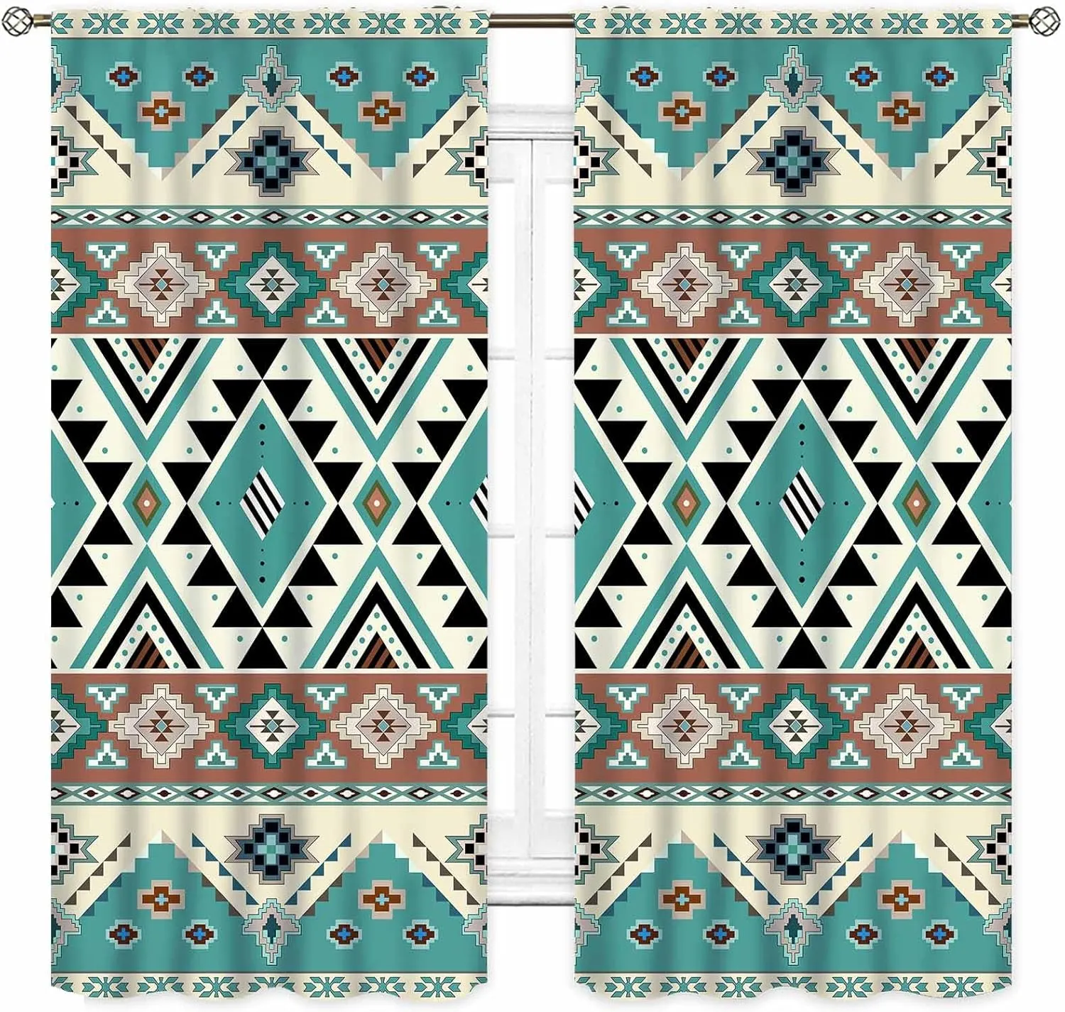 Abstract Geometric Curtains, Western Aztec Tribal Ethnic Southwestern Rustic Boho Teal Window Drapery Treatments for Bedroom Living Room Kitchen Bathroom 2 Panels Set, 42"x45" Inch