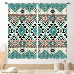 Abstract Geometric Curtains, Western Aztec Tribal Ethnic Southwestern Rustic Boho Teal Window Drapery Treatments for Bedroom Living Room Kitchen Bathroom 2 Panels Set, 42"x45" Inch