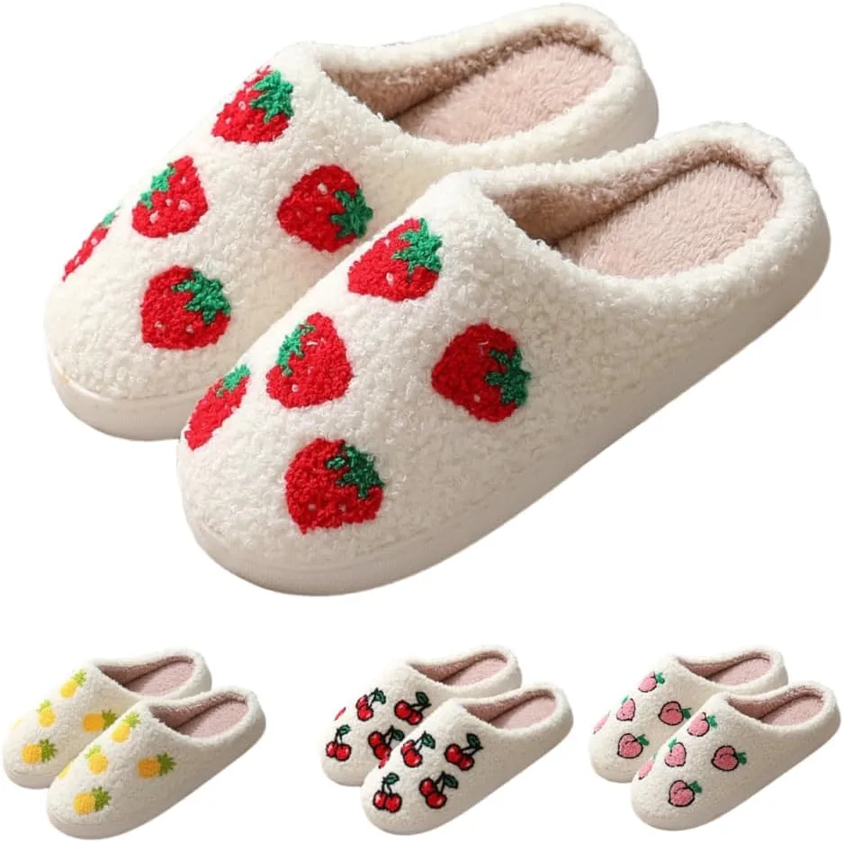 Abubbi Fuzzy Cute Fruit Slippers for Women with Thick and Soft Plush Fleece Winter House shoes (Strawberry,5.5-6.5,5.5,6.5)