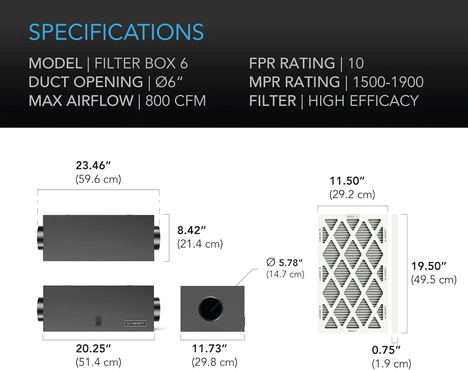 AC Infinity Inline Filter Box 6" with High Efficacy Filter, Whole House HVAC Filtration Kit, Fits 6-Inch Inline Duct Fans for Fresh Air Intake and Ventilation