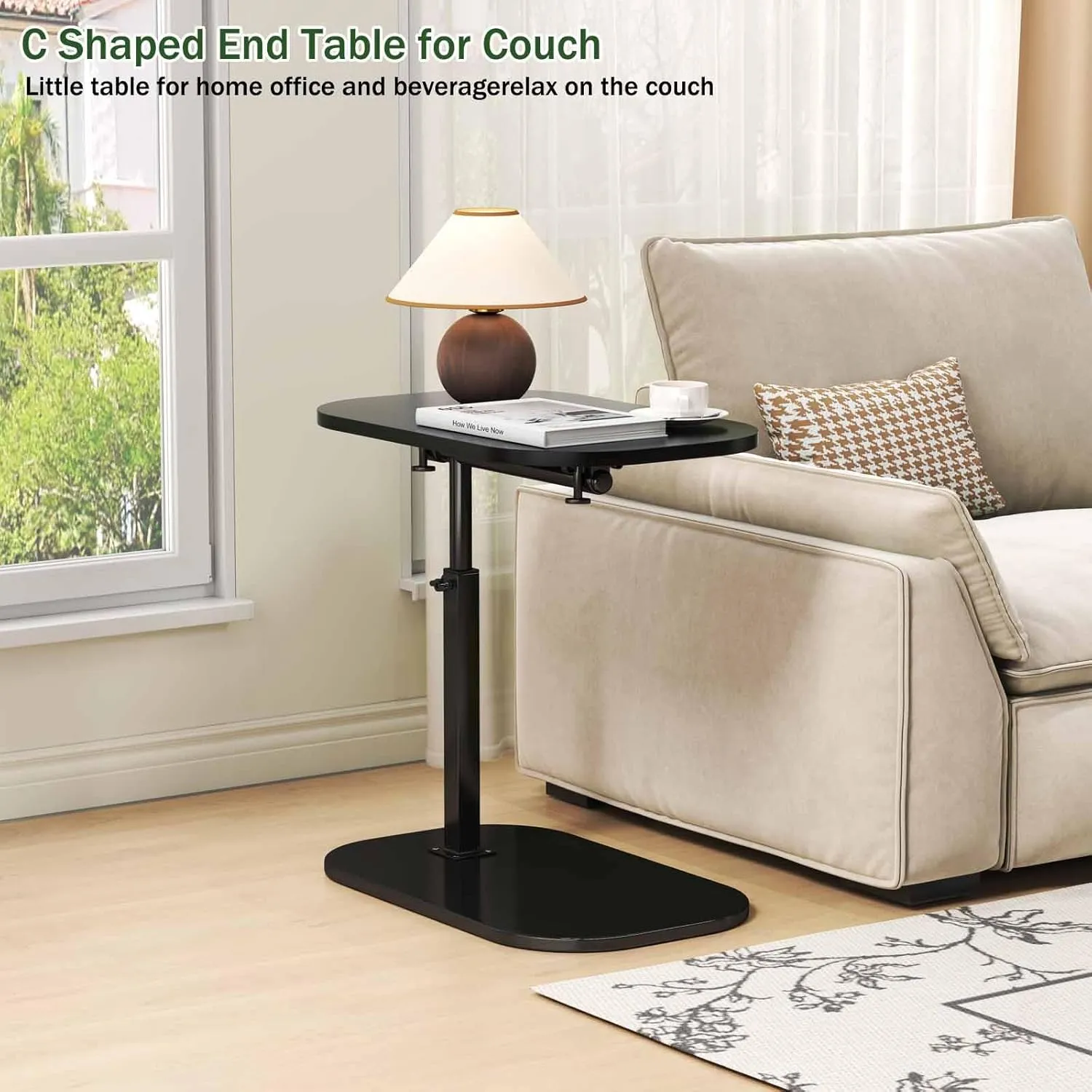 Adjustable Height C Shaped End Table,19.6 Inch Desk Top-360° Swivel TV Tray,with Detachable Baffle,90° Tiltable Bed Side Table,Couch Tables That Slide Under,TV Dinner Table,Black