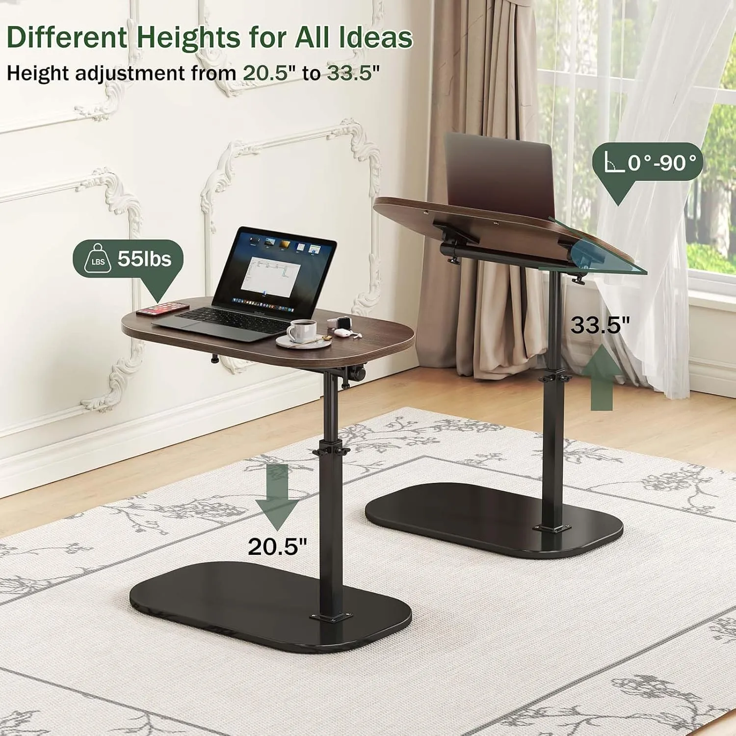 Adjustable Height C Shaped End Table,19.6 Inch Desk Top-360° Swivel TV Tray,with Detachable Baffle,90° Tiltable Bed Side Table,Couch Tables That Slide Under,TV Dinner Table,Black