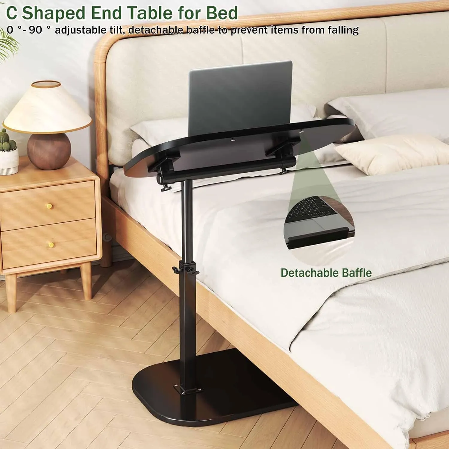 Adjustable Height C Shaped End Table,19.6 Inch Desk Top-360° Swivel TV Tray,with Detachable Baffle,90° Tiltable Bed Side Table,Couch Tables That Slide Under,TV Dinner Table,Black