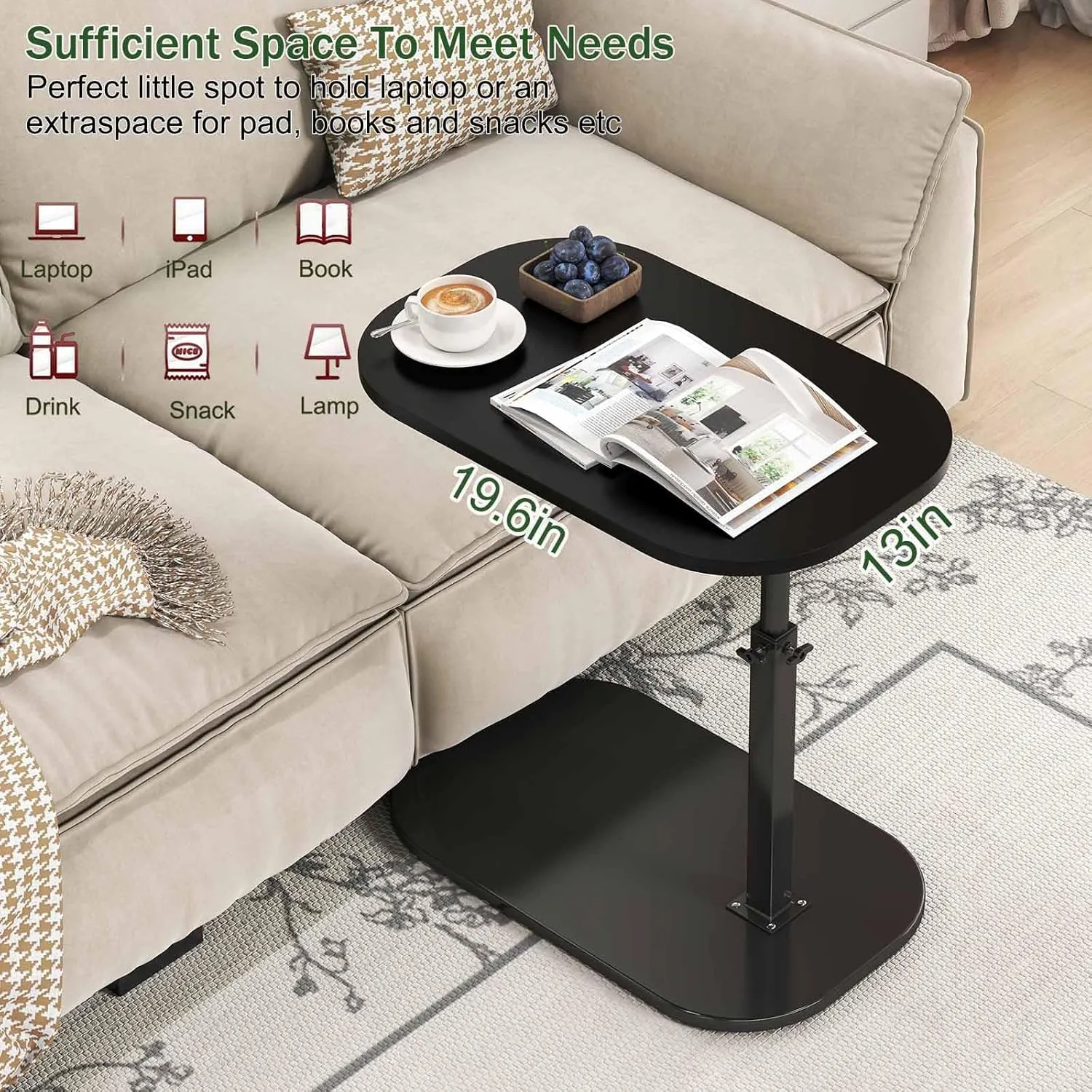 Adjustable Height C Shaped End Table,19.6 Inch Desk Top-360° Swivel TV Tray,with Detachable Baffle,90° Tiltable Bed Side Table,Couch Tables That Slide Under,TV Dinner Table,Black