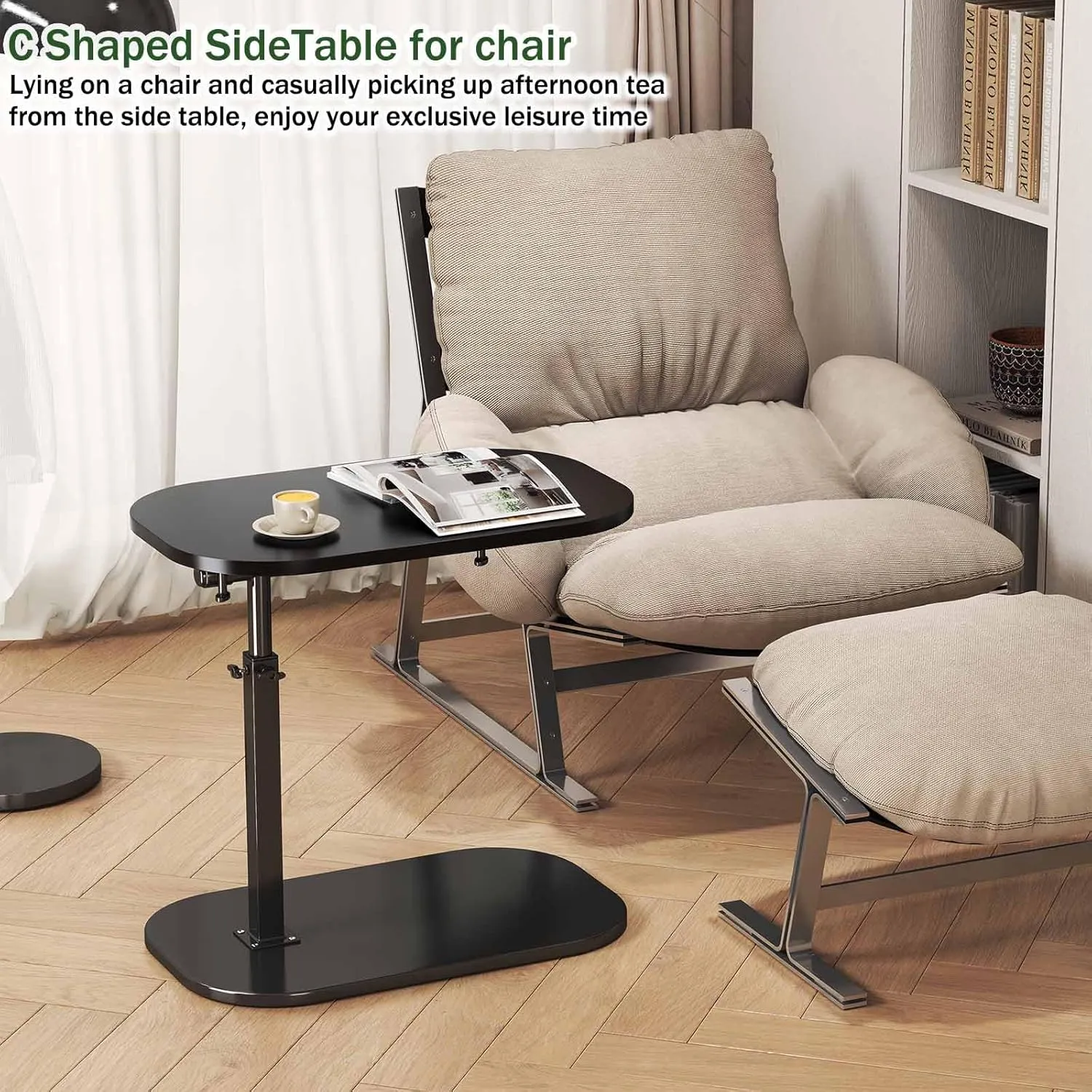 Adjustable Height C Shaped End Table,19.6 Inch Desk Top-360° Swivel TV Tray,with Detachable Baffle,90° Tiltable Bed Side Table,Couch Tables That Slide Under,TV Dinner Table,Black