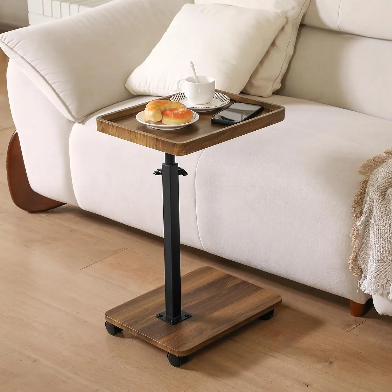 Adjustable Height Couch Tables That Slide Under Sofa, 360° Swivel Modern Tv Tray Table with Wheel, C Shaped End Table for Couch, C Table for Small Place, Perfect for Livingroom, Bedroom