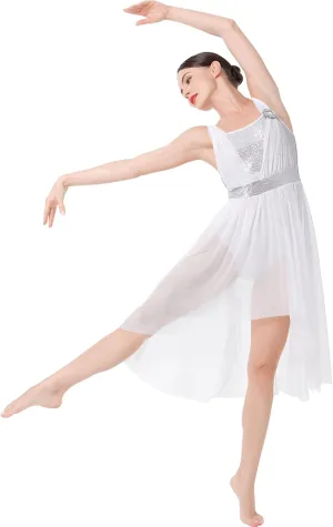 AFAVOM Women Contemporary Dance Costumes Sequin Lyrical Dance Dress Long Irregular Flowy Tulle Chiffon Skirt Mesh Dancewear