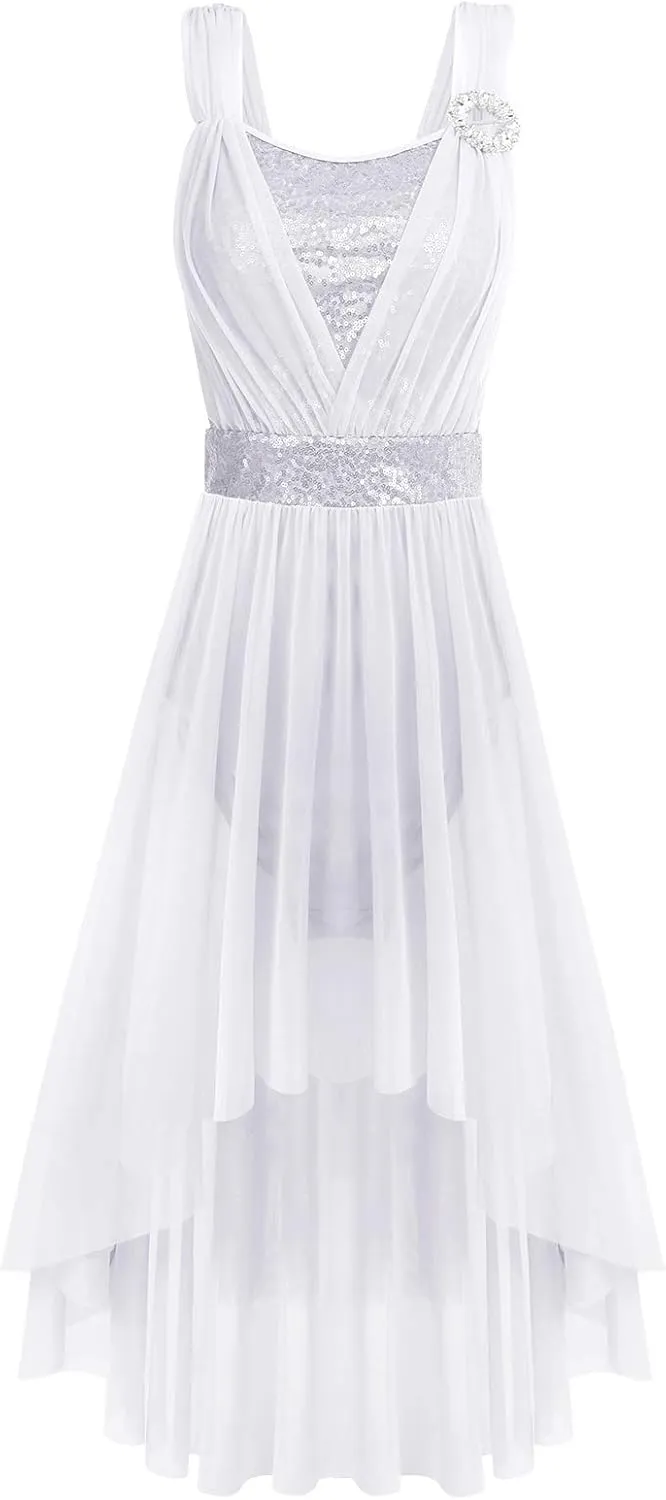 AFAVOM Women Contemporary Dance Costumes Sequin Lyrical Dance Dress Long Irregular Flowy Tulle Chiffon Skirt Mesh Dancewear