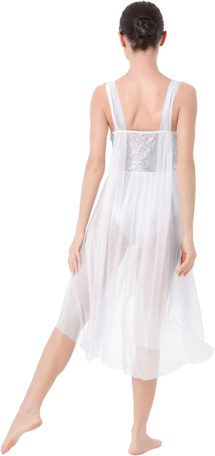 AFAVOM Women Contemporary Dance Costumes Sequin Lyrical Dance Dress Long Irregular Flowy Tulle Chiffon Skirt Mesh Dancewear