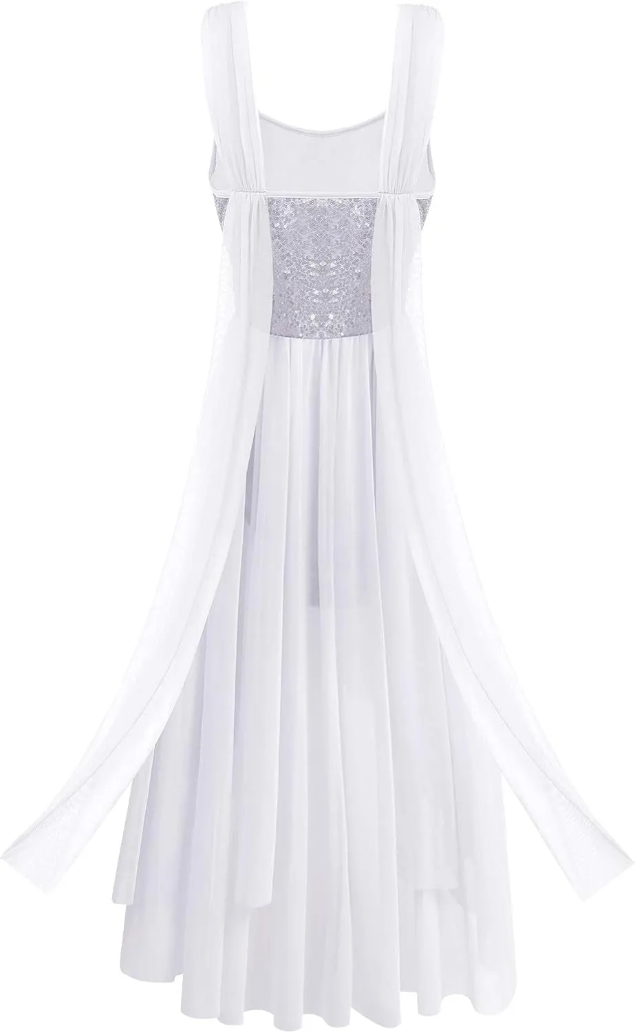AFAVOM Women Contemporary Dance Costumes Sequin Lyrical Dance Dress Long Irregular Flowy Tulle Chiffon Skirt Mesh Dancewear