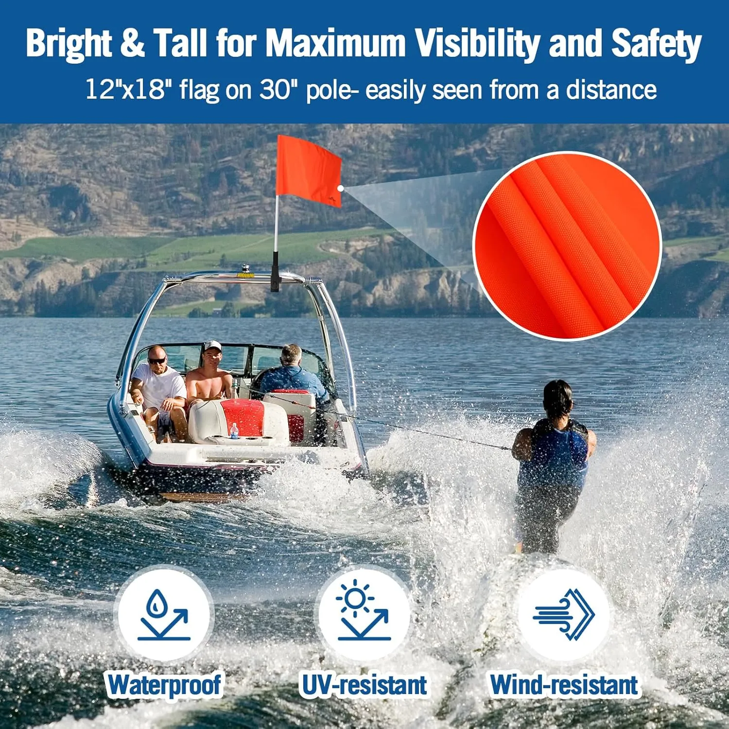 Affordura Orange Boat Flag with Upgraded Flag Holder Mount, 12X18 Inch 30" Water Ski Safety Skier down Flag for 7/8”-1.75” Round or 1"-1.5" Square Rails of Pontoons Boat, Speedboats and More