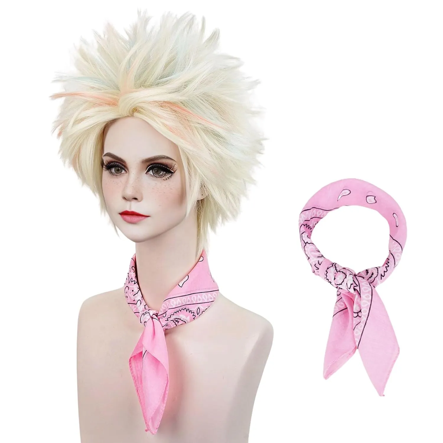 Aicos Short Blonde mix Light Blue Pink Cosplay Wig for Women Costume Halloween Party Fluffy Spiky Weird Colored Movie Wigs with Bandana Wig Cap