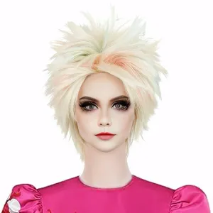 Aicos Short Blonde mix Light Blue Pink Cosplay Wig for Women Costume Halloween Party Fluffy Spiky Weird Colored Movie Wigs with Bandana Wig Cap