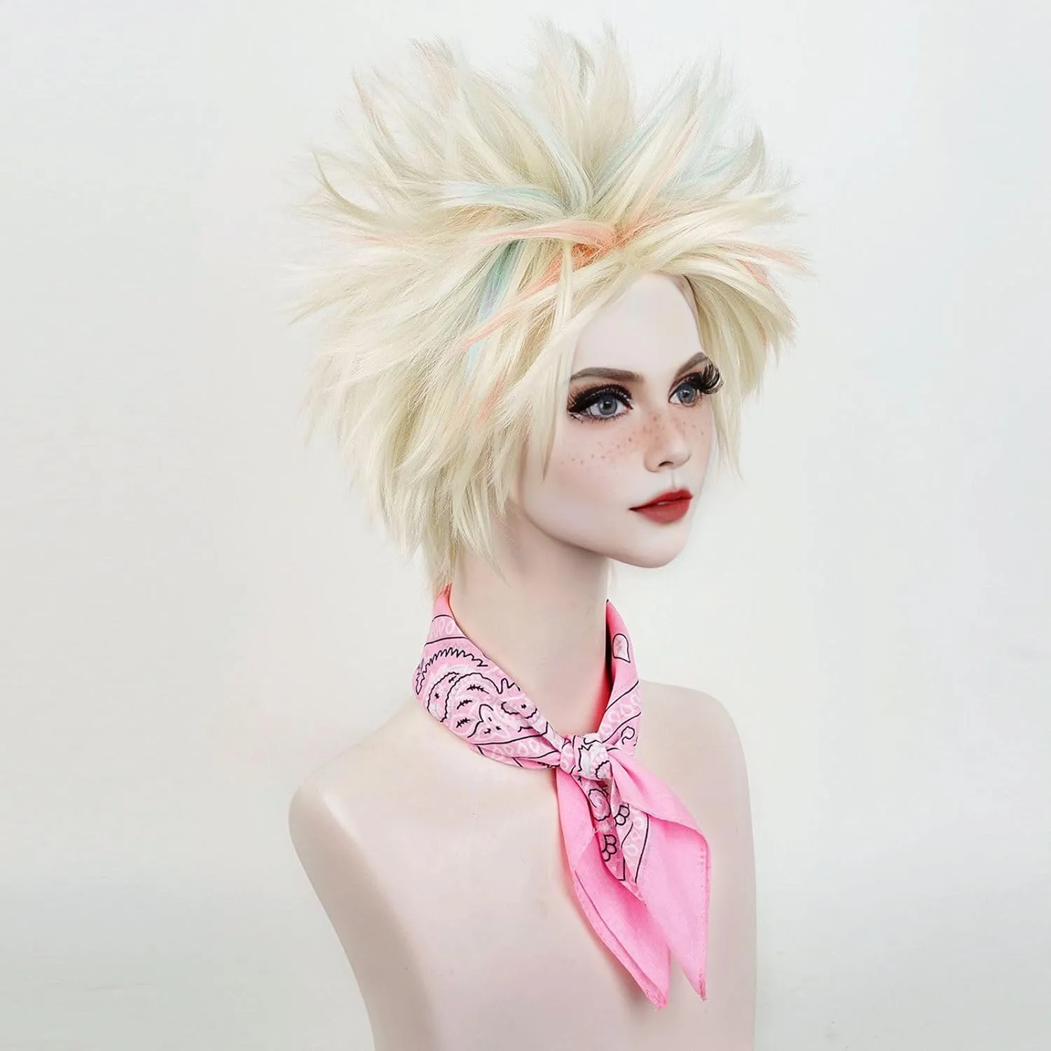 Aicos Short Blonde mix Light Blue Pink Cosplay Wig for Women Costume Halloween Party Fluffy Spiky Weird Colored Movie Wigs with Bandana Wig Cap