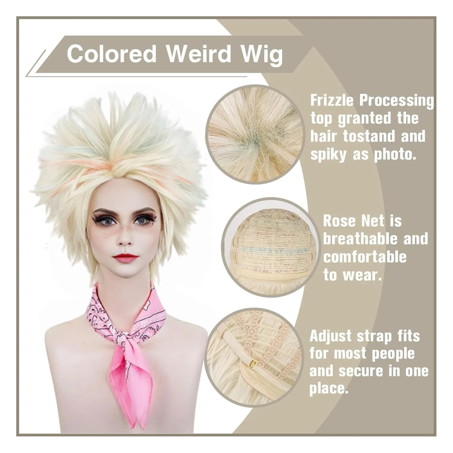 Aicos Short Blonde mix Light Blue Pink Cosplay Wig for Women Costume Halloween Party Fluffy Spiky Weird Colored Movie Wigs with Bandana Wig Cap