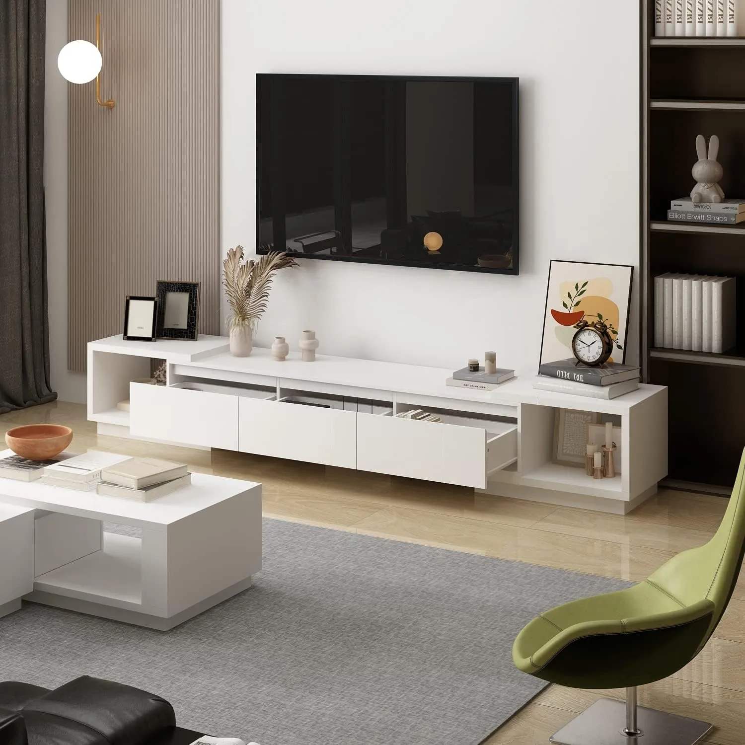 AIEGLE Deformable TV Console with 3 Drawers, Modern Extendable TV Stand in Stretch of 65"-106" Wide, Wood Media Gaming Entertainment Center, White