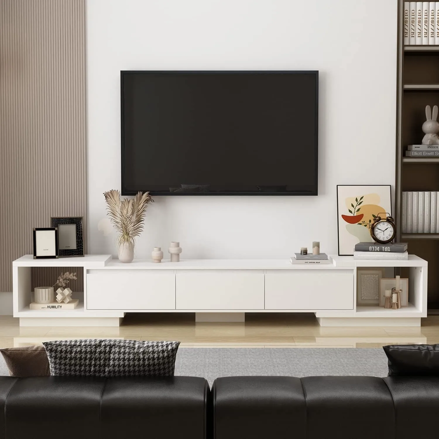 AIEGLE Deformable TV Console with 3 Drawers, Modern Extendable TV Stand in Stretch of 65"-106" Wide, Wood Media Gaming Entertainment Center, White